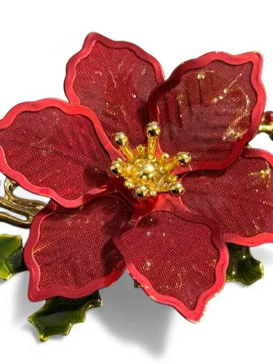 Kenneth Cole Red Poinsettia Brooch Pin Gold-Tone Accents Berry Detail Christmas - Picture 1 of 9